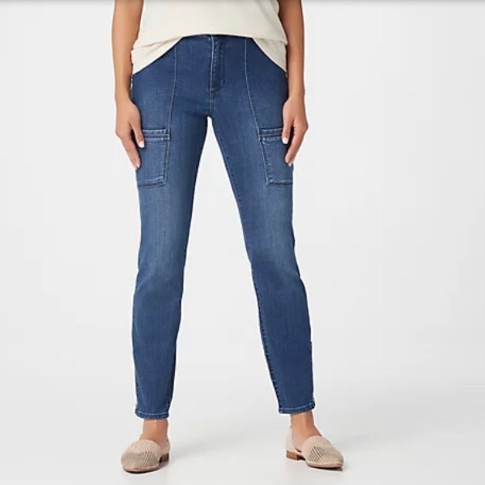 Susan Graver High Stretch Denim Zip-Front Utility Ankle Jeans size 6